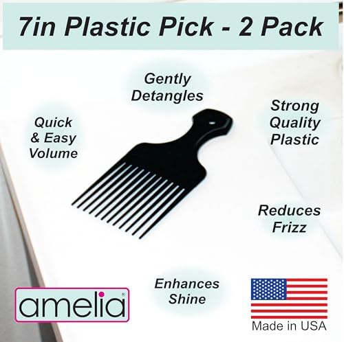 Amelia Beauty, 7in Black Curly Hair Wide Tooth Pick, 2 Pack | Made in USA | Easily Creates Volume, Detangles, Reduces Frizz | Afro Pick Styling Tool, 7"x3" - Image 2