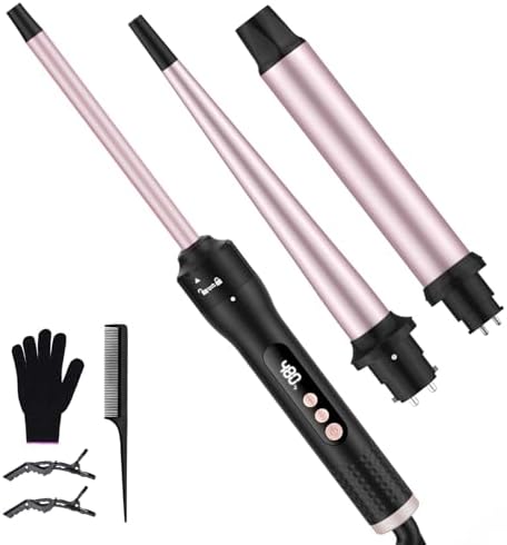 3 in 1 Wand Curling Iron, Curling Iron Set with Tapered Curling Wand (0.5-1") and 2 Interchangeable Ceramic Wand Curler (0.5"-1.25"), Fast Heating with Adjust Temp, Dual Voltage, Gift for Women by Vnina