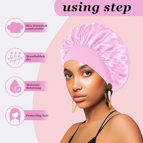 4PCS Satin Hair Bonnet for Sleeping,Bonnets for Black Women Men,Silk Bonnet for Sleeping,Hair Wrap Cap for Curly Hair,Elastic Wide Band Hair Bonnet Shower Cap (Black & Blue & Pink & Purple) - Image 3