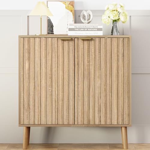 Vrullu Fluted Storage Cabinet, Free Standing Buffet, Wood Sideboard, Multifunctional Accent Storage for Living Room, Hallway, Entryway, Dining Room (2, Oak) - Image 7