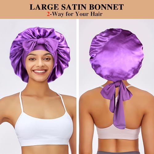 2+3 Large Satin Bonnets with Scrunchies for Women, Hair Bonnet Sleeping Tie Bonnet for Braids Curly Hair - Image 3