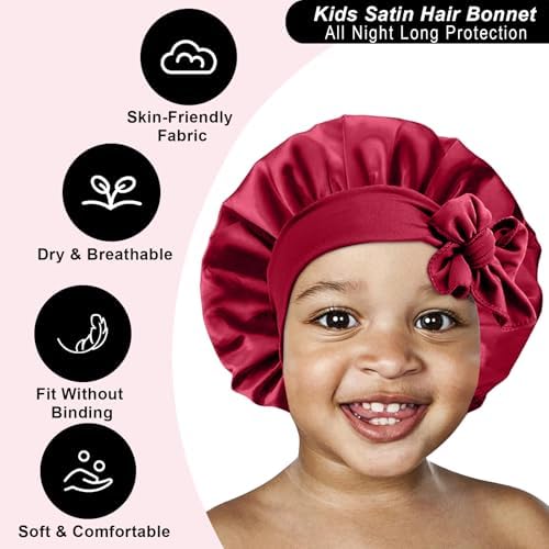 3 Pcs Kids Silk Bonnet for Sleeping-Baby Kids Satin Hair Bonnet for Curly Hair Girls Boys with Wide Elastic Band,Sleeping Cap for Teens Toddler (Wine Red+Black+Blush Pink) - Image 4