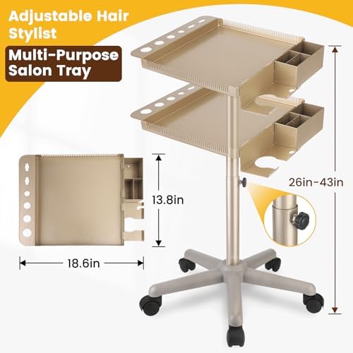 Retain Time Champagne Gold Hair Salon Cart with Wheels, Large Heavy Duty Multi-Function Salon Station Tray, Adjustable Corrosion Resistant Stylist Color Tray for Hair Styling - Image 4