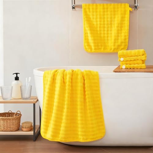 COZYART Lint Free 8 Pcs Bathroom Towels Set Ultra Soft Microfiber Yellow - Image 7