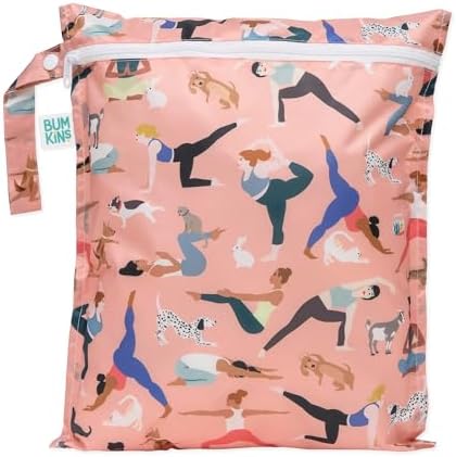 Bumkins Waterproof Wet Bag for Baby, Travel, Swim Suit, Cloth Diapers, Pump Parts, Pool, Beach, Gym Clothes, Toiletry, Hook to Stroller, Daycare, Zipper Reusable Wetdry Packing Pouch, Yoga Pals by Bumkins