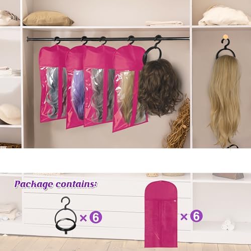 KOLLIEE 6 Pcs Wig Bags Storage with Wig Hanger Dust-proof for Multiple Wigs Hanging Storage Bags Organizer Foldable Easy Carry Suitable for Home Travel Hair Salon Rose - Image 5