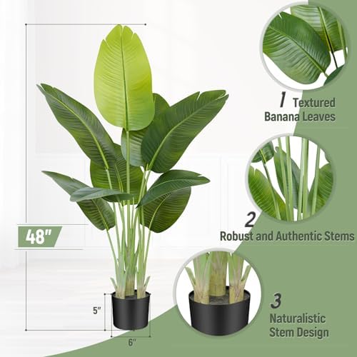 Lifelike Bird of Paradise Artificial Plant 4ft Faux Banana Leaf Tree with 9 Trunks for Home Decor - Perfect Indoor Silk Floor Plant for Living Room, Office, and Bedroom Ambiance Enhancement - Image 4