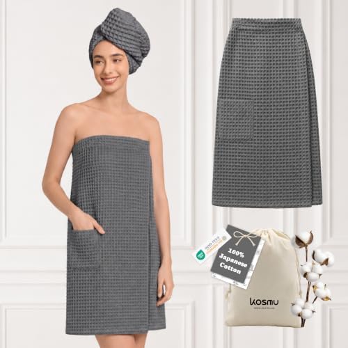 Luxury Organic Japanese Cotton Waffle Body Towel Wrap for Women | Sauna, Spa, Onsen, Shower Towel with Adjustable Snap Closure and Pocket | Ultra Plush 450 GSM (Smoke Grey, L/XL) by KOSMU