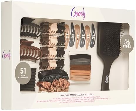 Goody Hair Accessories Kit, Everyday Essentials for Women - 51 PC Neutral Color Set for All Types - Ouchless Damage-Free Ties, SlideProof Claw Clips, Snap Clips, Scrunchies, Tanglefix Brush by Goody