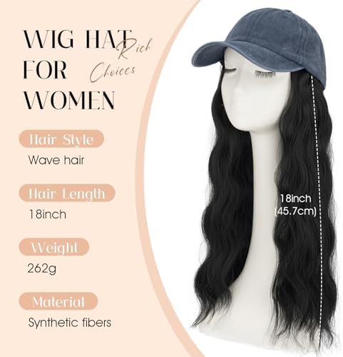 Rich Choices Hat Wigs for Women,Denim Blue Baseball Cap with Hair Extensions for Women,Caps with Wavy Curly Synthetic Long Hair Attached Adjustable Baseball Cap Wig 18 Inch Black Hair - Image 2