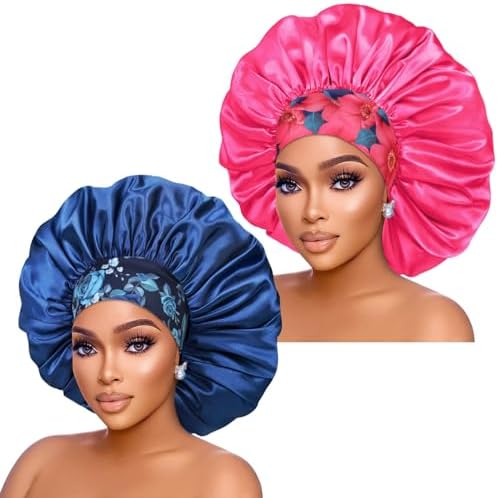 Isshin Beauty Silk Satin Bonnet Hair Cap: 2pcs 17inch Diameter Extra Large Jumbo Sleeping Satin Bonnets (Blue & HotPink) by IsshinBeauty