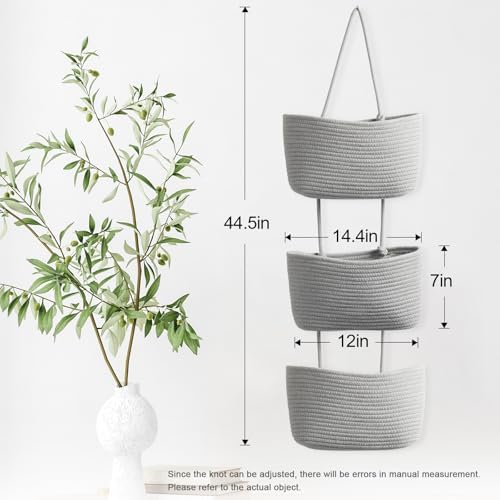 TeoKJ Over the Door Hanging Storage Basket Woven 3 Tier Wall Organizer Gray - Image 5