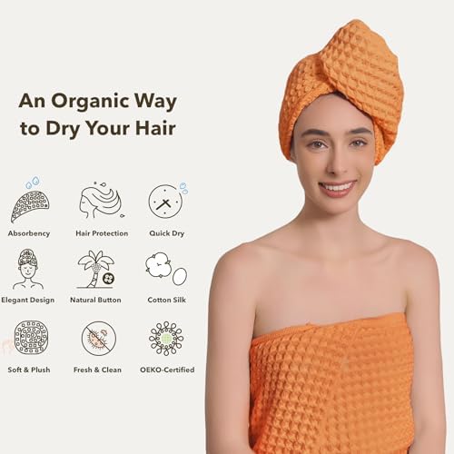 Luxury Organic Japanese Cotton Hair Drying Waffle Towel Wrap for Women | Absorbent, Quick-Dry Head Turban for Shower, Sauna, Spa | Extra Large for Long, Curly, Straight Hair With Button (Orange, 2 Pc) - Image 2