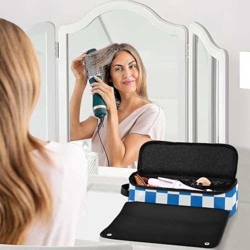 Checkerboard White Blue Plaid Hair Tools Travel Bag Portable Carrying Case Travel Pouch Organizer with Heat Resistant Mat for Curling Iron Hair Dryer Flat Irons - Image 6