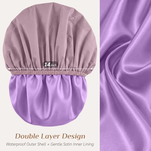 Extra Large Waterproof Shower Cap for Women, Double Layer Satin Lined Hair Bonnet for Curly Hair, Reusable Bath Cap with Elastic Edge for Long Thick Hair (Purple) - Image 2