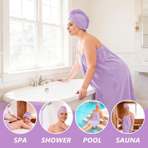 Women’s Plus Size Towel Wrap with Hair Towel (2XL-4XL), Oversized Shower Body Wrap Bathrobe, Soft Quick-Dry Hair Drying Towel for Spa Use Light Purple - Image 5