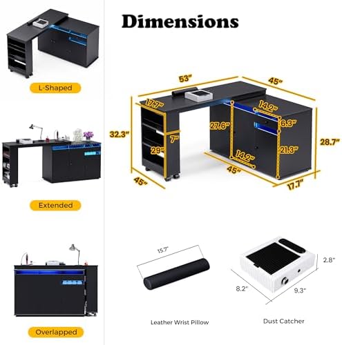 L-Shaped Manicure Table with Dust Collector & LED Light (Black) - Image 2