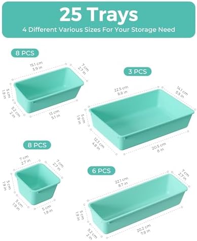 BiuLeon 25 PCS Plastic Drawer Organizers Set, 4-Sizes Vanity and Makeup Organizer, Desk and bathroom Drawer Organizer Trays, Organizers and Storage for Makeup, Jewelry, Gadgets, Utensils (Blue) - Image 2