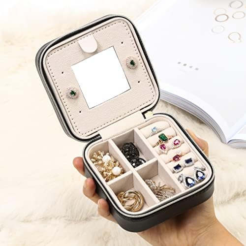 TRODANCE Jewelry Travel Case with Mirror,Small Travel Jewelry Organizer, Portable Jewelry Box Travel Mini Storage Organizer Portable Display Storage Box for Rings Earrings Necklaces (Black) - Image 2