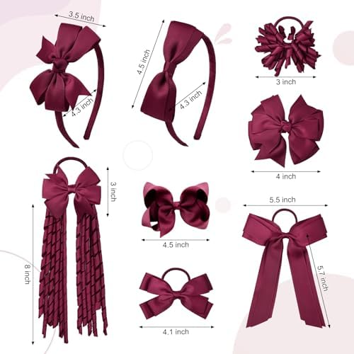 DEEKA Burgundy School Hair Accessories Set 13 Pcs Uniform Hair Bow Headband Clips Hair Ties Curly Korker Bows for Little Toddler School Girls (Burgundy) - Image 6