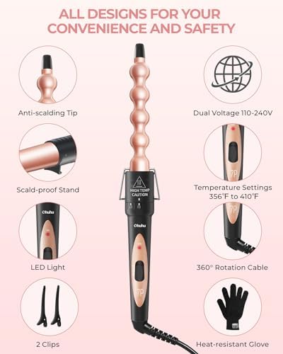 Ohuhu 7 in 1 Curling Wand Set, 0.35"-1.25" Interchangeable Ceramic Barrels - Image 6