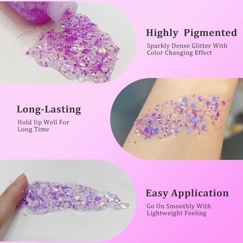 MEICOLY Chameleon Light Purple Hair Glitter,Holographic Chunky Halloween Body Glitter,Color Changing Mermaid Face Glitter,Self-Adhesive Glitter Sequin for Face Body Hair,Festival Party Cheer Glitter - Image 4