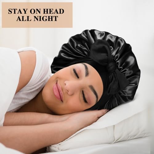 2+3 Large Satin Bonnets with Scrunchies for Women, Hair Bonnet Sleeping Tie Bonnet for Braids Curly Hair - Image 6