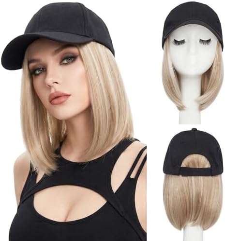 SEGO Baseball Cap with Hair Extensions for Women Heat Resistant Synthetic 6" Adjustable Short Straight Hairpiece Replacement Wigs in Black Hat for Girls 85P613 Light Blonde Mix Bleach Blonde by SEGO