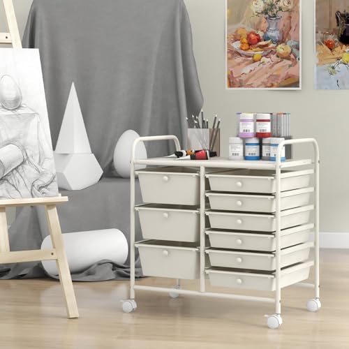Giantex 9 Drawers Rolling Cart, Classroom Organizers, Storage Cart with Wheels, for Teacher Office Home School Supplies Tool Craft Art Paper, Ivory - Image 4