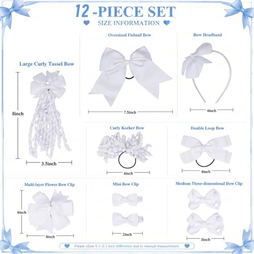 baotongle 12 Pcs School Hair Accessories Set School Bows for Girls Bow(White) - Image 2