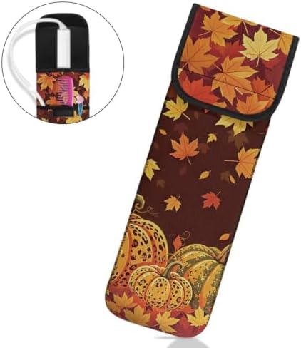 Thanksgiving Maple Leaf Pumpkin Curling Iron Holder Heat Resistant Neoprene Curling Iron Cover Bag with Pocket Curling Iron Organizers and Storage for Hair Straightener, Curling Iron, Flat Iron - Image 2