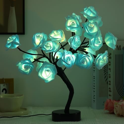 Drawelry Rose Flower Tree Lamp - LED Rose Tree Table Lamp USB/Battery Powered Artificial Bonsai Flower Night Light for Bedroom Living Room Party Wedding Birthday Decor (Blue) by Drawelry
