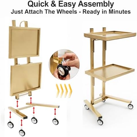 2-Tier Metal Rolling Cart with Wheels, Salon Trolley, Gold - Image 3