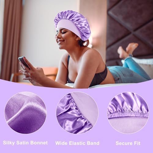 4Pcs Silk Hair Bonnets for Sleeping - Elastic Wide Band Satin Hair Wrap for Sleeping Black Women Men,Silk Bonnets for Curly Hair,Sleep Cap (Purple & Pink & Sapphire Blue & Black) - Image 4