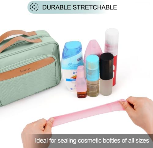 COOSKY Travel Hanging Toiletry Bag for Women, Large Makeup Bag 8 Leak Proofing Silicone Bottle Covers, Waterproof Cosmetic Bag with Jewelry Organizer Compartment, Toiletries Kit Set, Grren - Image 2