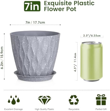 Meowell 7 inch Plant Pots for Indoor Outdoor Plants, 5 Pack Thick Flower Pots with Drainage Holes and Saucers, 3D Modern Wave Texture Plastic Planter Nursery Pots, Speckled Grey - Image 2