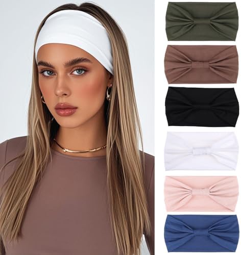 XTREND Wide Headbands Knotted Head Wraps Non Slip Stretch Headband Women's Hair Thin Headbands Turban Sports Hairband Head Bands Accessories 6 Pcs（Army Green, Coffee, Black, White, Pink, Blue） by XTREND