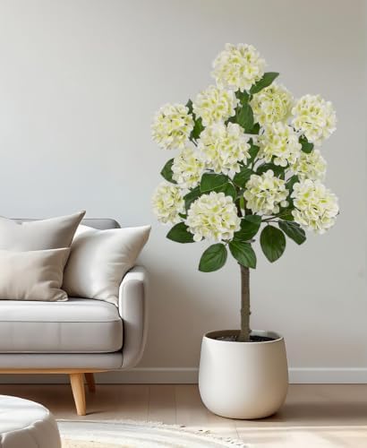 4FT White Hydrangea Artificial Flowers Tree 2 Pack Large Real Touch Faux Silk Hydrangea Plants Potted Fake Flower in Black Pot for Home Indoor Outdoor Front Porch Garden Entrance Living Room Decor - Image 6