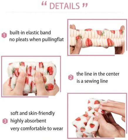 7 Pcs Spa Set, Facial Headband and Wristband Set, Skincare Accessories, College Style Girl Gift, Hair Accessories for Women and Girls（Pink Strawberry） - Image 7