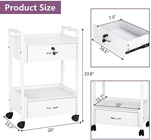 Salon Trolley Cart for Beauty SPA, Wooden Rolling Storage Station, White Mobile Utility Cabinet with 2 Drawers 1 Lockable, Medical Esthetic Supply Holder for Massage Tattoo Facials - Image 2