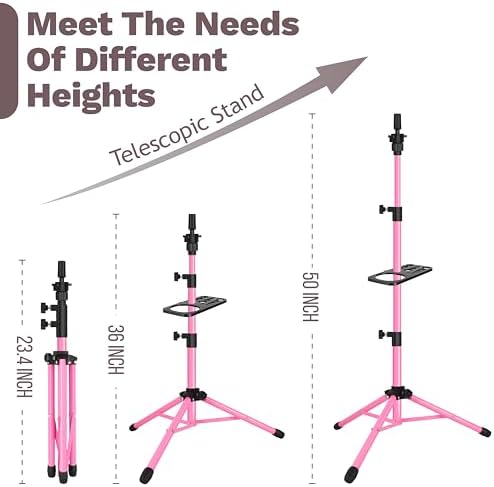 ZQIAN BEAUTY Wig Head Stand 50 Inch Metal Mannequin Head Stand for Hairdressing Training Head Adjustable Wig Stand Tripod with Tool Tray (Pink, Mannequin Head Not Included) - Image 2