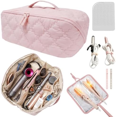 Hair Tools Travel Bag 5-Piece Set with Heat Resistant Mat Insulated Pouch and 2 Cord Straps, Large Fabric Organizer for Hot Brush Curling Iron Flat Iron Hair Dryer, Available in Pink by Unknown