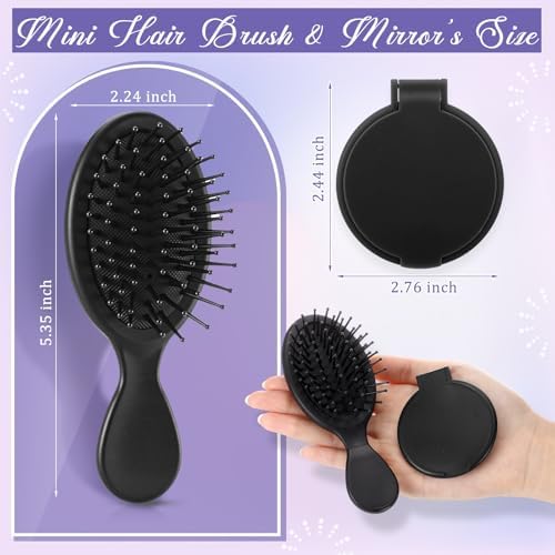 Meanplan 24 Pcs Mini Hair Brush Set 12 Travel Wet Dry Hair Combs Pocket Detangling 12 Compact Folding Makeup Mirrors for Spa Sleepover Birthday Bridal Shower Bachelorette Christmas Party Gift (Black) - Image 2