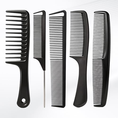 5PCS Hair Comb Set - Professional Wide & Fine Tooth Rat Tail Combs for Men Women，Carbon Fiber Comb for Hair Cutting Styling Braiding Parting Teasing Tools(Black) by Fgail