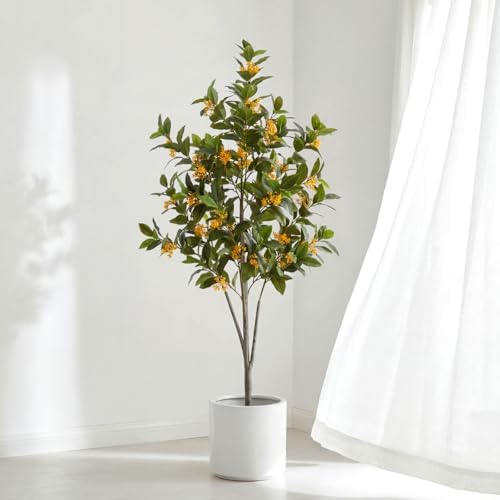 Daifunli 5ft Artificial Flower Tree Indoor Faux Osmanthus Tree Realistic Osmanthus Plants in Pot with Orange Flowers Lifelike Fake Floor Plant for Indoor Outdoor Home Living Room Office Wedding by Huiinen