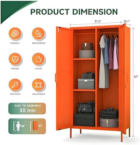 Lockable Metal Armoire Wardrobe Closet, 67 Inch Steel Clothing Storage Cabinet, Hanging Rod and Adjustable Shelves, Orange 2 Door Storage Cabinet for Bedroom Cloak Room Office Gym - Image 5