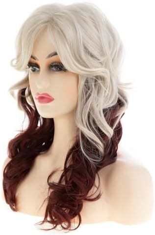 Long Curly Wavy Blonde to Burgundy Wig for Women with Bangs Natural Looking Synthetic Heat Resistant for Daily Party Costume Halloween - Image 4