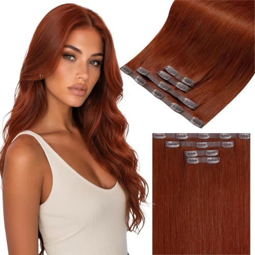 LaaVoo Seamless Clip in Hair Extensions Human Hair Auburn Brown Seamless Hair Extensions Clip ins Auburn Invisible Seamless Clip in Human Hair Extensions Full Head 18 Inch 4PCS/95g by LaaVoo