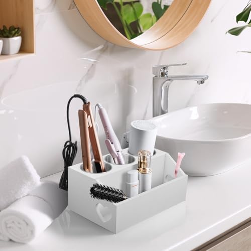 Bivvclaz Hair Tool Organizer, Wooden Hair Dryer Holder Wall Mount, Countertop Hot Tools Organizer for Hair Styling Accessories, Bathroom Supplies Vanity Caddy for Curling Wand, Blow Dryer, White - Image 6