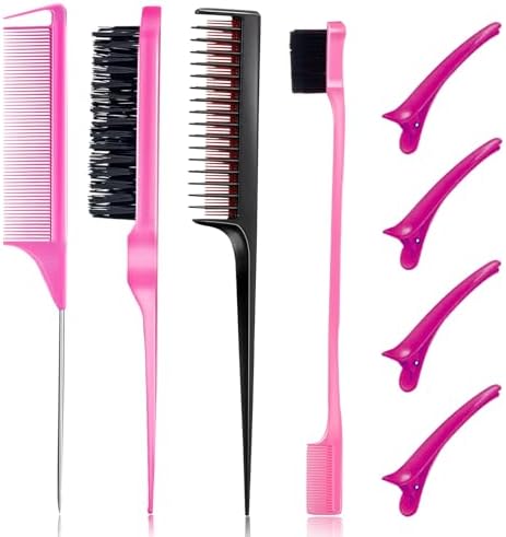 8 Pieces Styling Comb Set - Teasing Brush, Rat Tail Comb, Edge Brush for Slicking and Combing Hair for Women (Pink) by Goiple